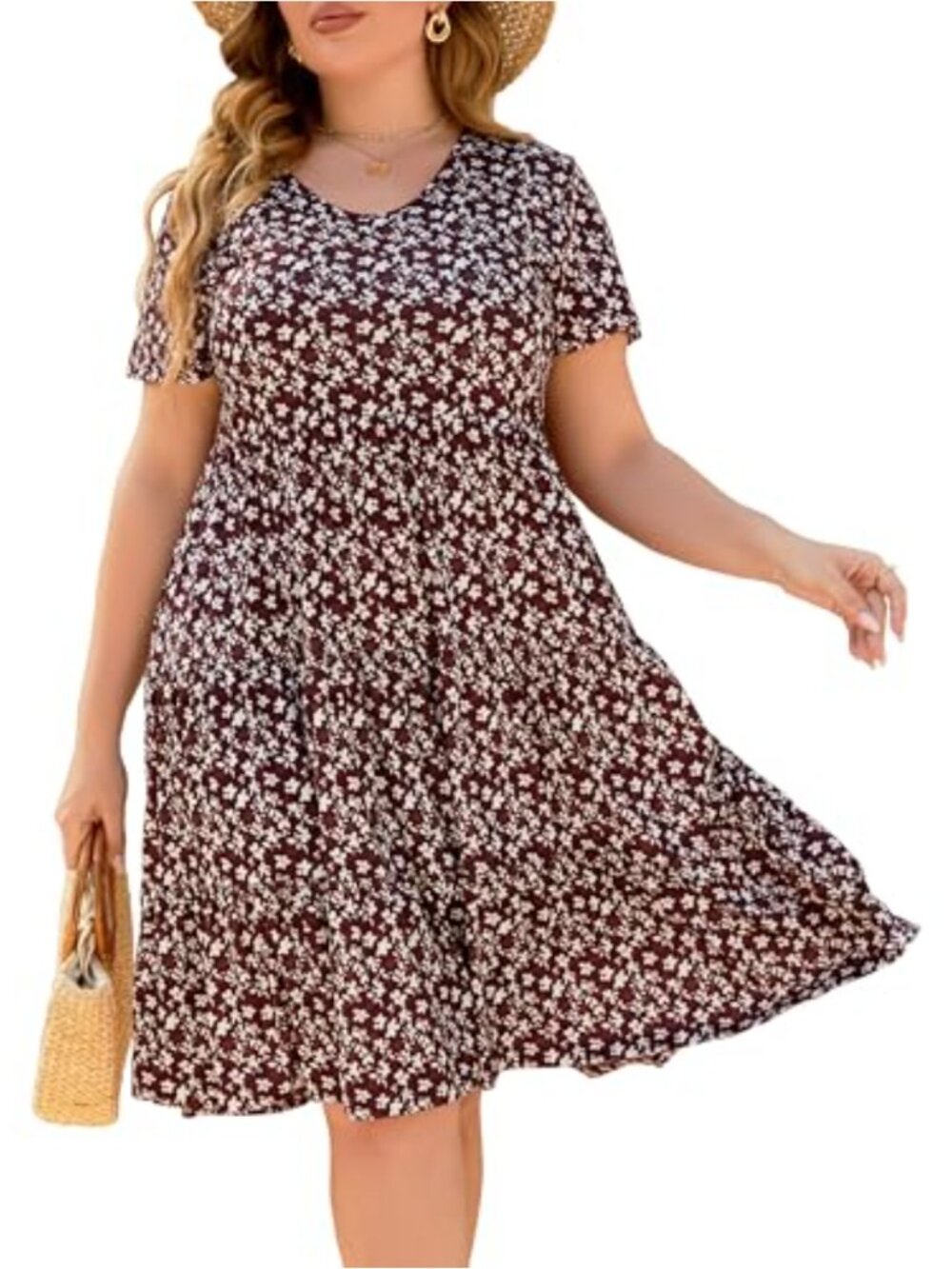 Plus Size Casual Summer Midi Babydoll Dress Short Sleeve Scoop Neck Tiered